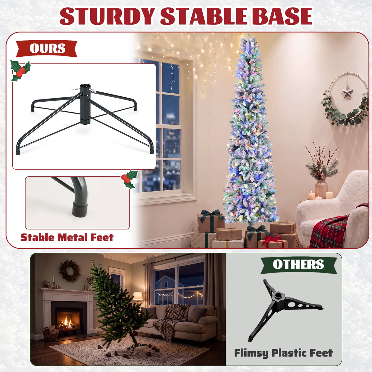 edx 9ft Pre-lit Pencil Christmas Tree, Green Artificial Spruce Slim Christmas Trees, With 500 LED Lights, 1100 Branch Tips & Foldable Base, For Home, Office, Party Decoration