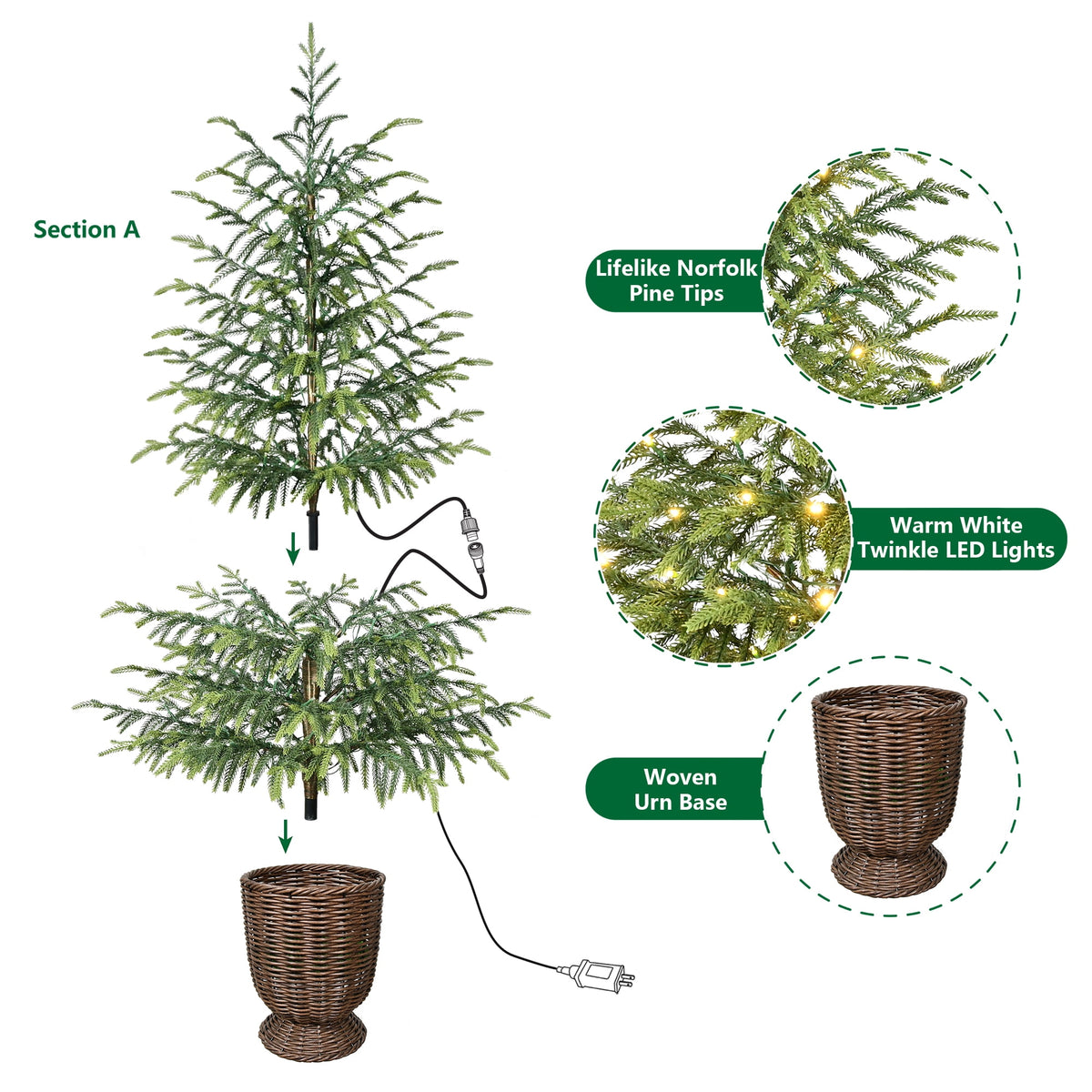 My Texas House 4ft Green Pre-lit Norfolk Pine Potted Christmas Tree, 100 Twinkle LED
