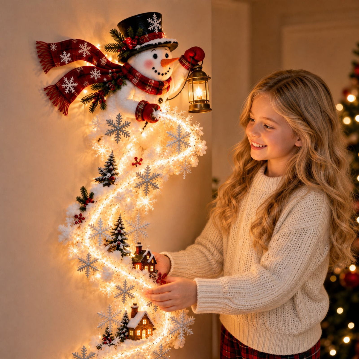 Lighted Christmas Stair Railing Garland Pack of 5 Santa Figures Snow Scene Ornament for Staircase Banister Indoor Display