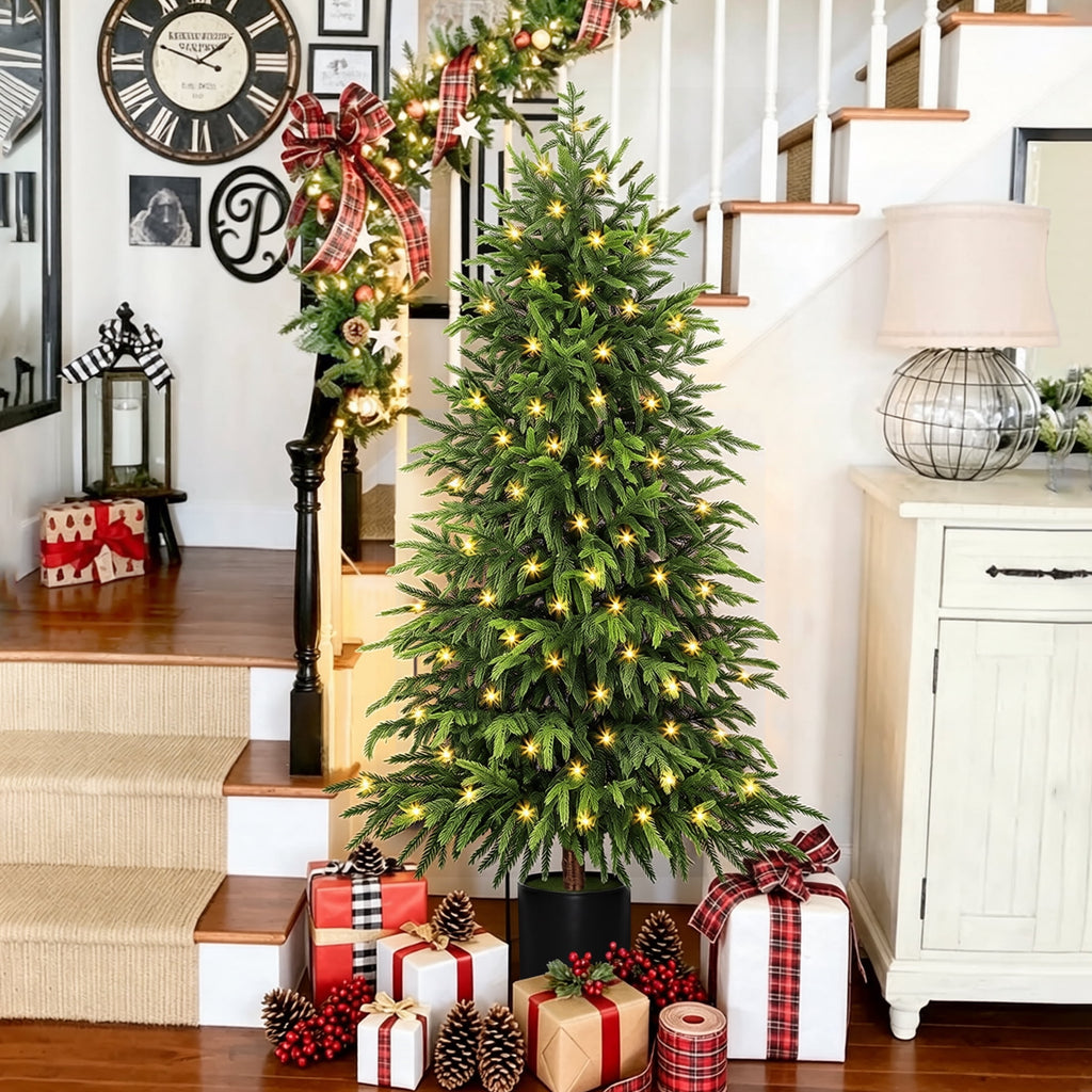 Scidweet 2 Pack Artificial Norfolk Pine Christmas Tree, 4FT Fake Potted Tree Faux Plant with 100 LED for Front Door Indoor Outdoor Porch Room Office Holiday Home Xmas Decor