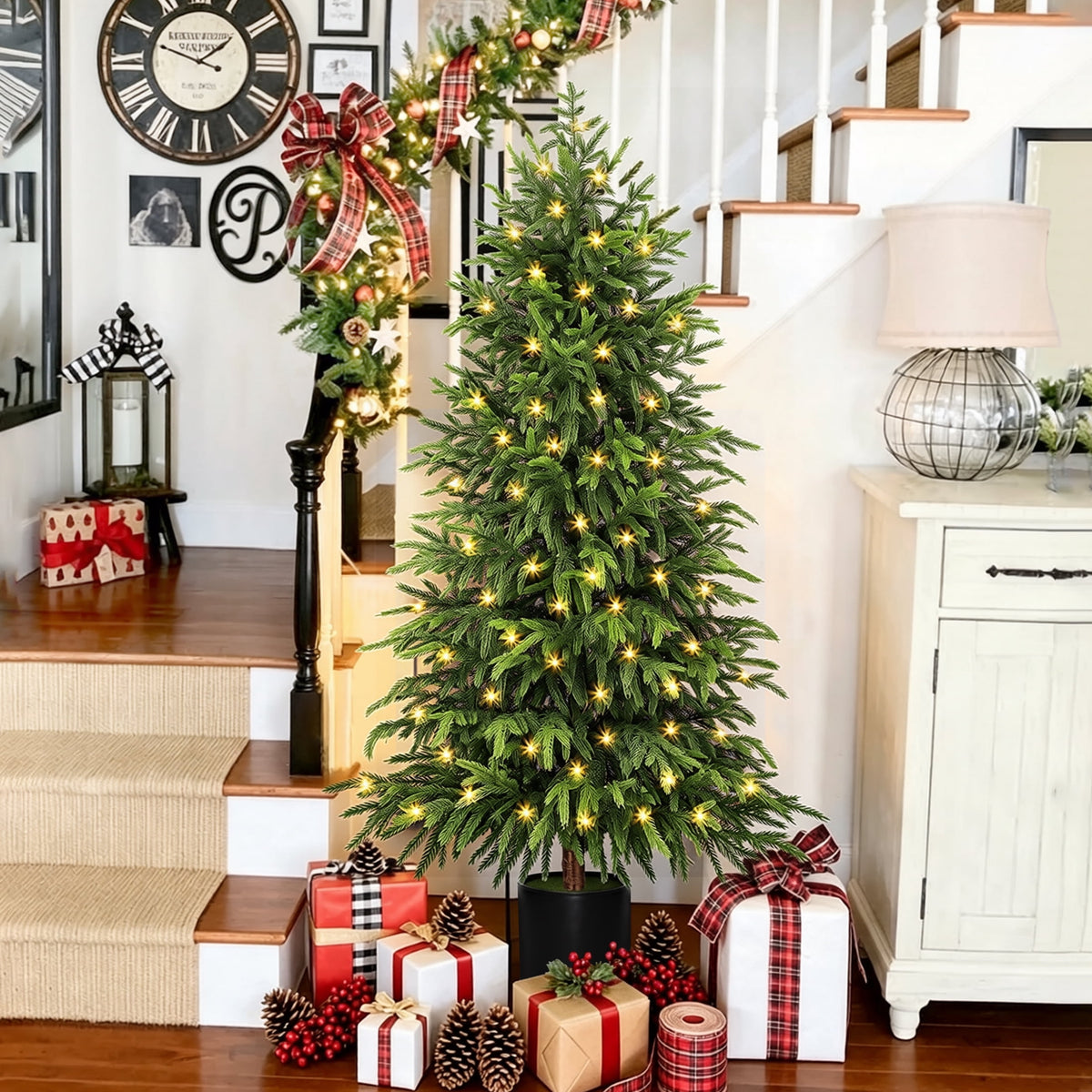 Scidweet 2 Pack Artificial Norfolk Pine Christmas Tree, 4FT Fake Potted Tree Faux Plant with 100 LED for Front Door Indoor Outdoor Porch Room Office Holiday Home Xmas Decor
