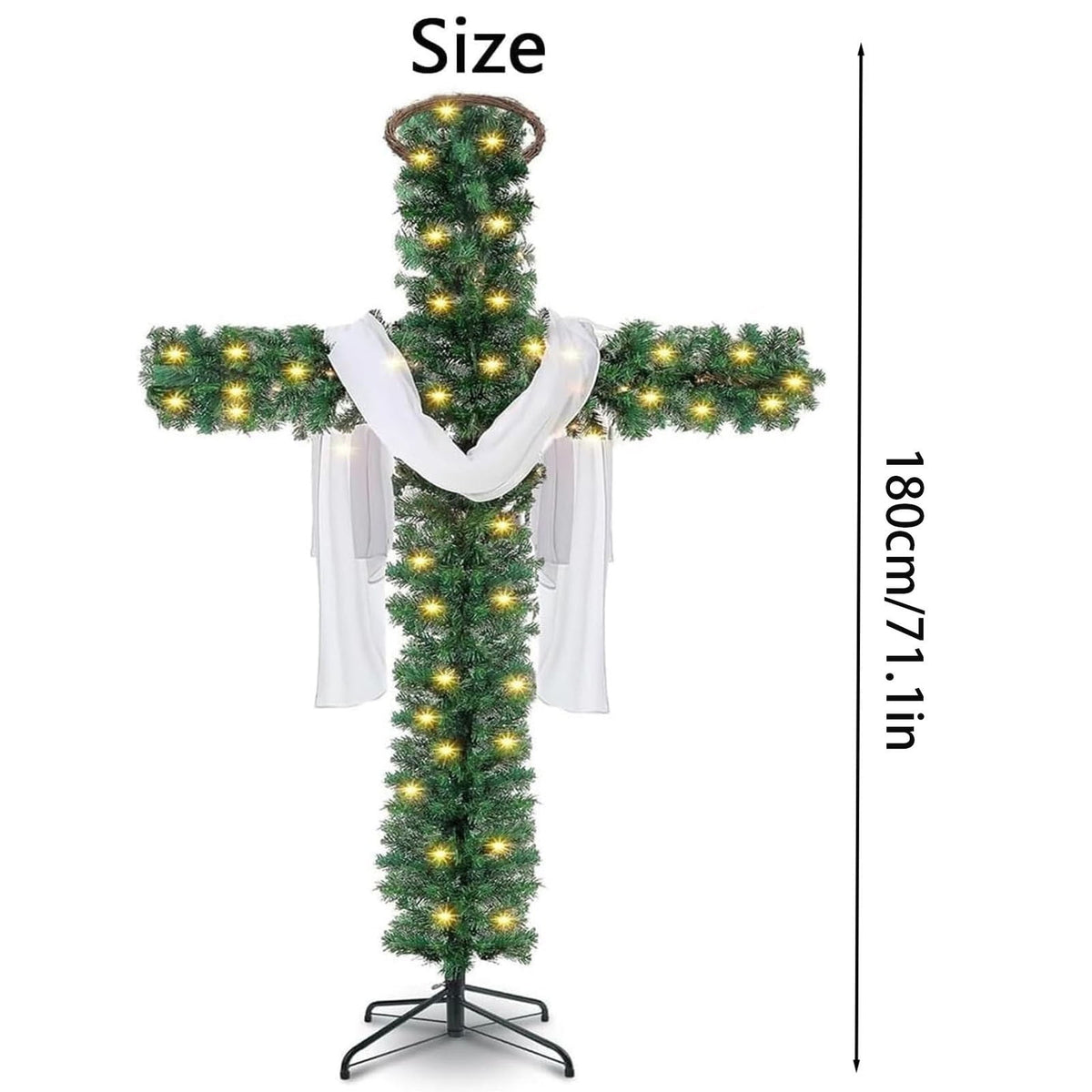 Loyerfyivos 6Ft Pre-Lit Christmas Crosses Tree Artificial Christmas Cross Tree Artificial Xmas Tree with LED Light and Christ Crown Silk Scarf Wood Rattan Ring for Home Decor Celebrate Lord Savio