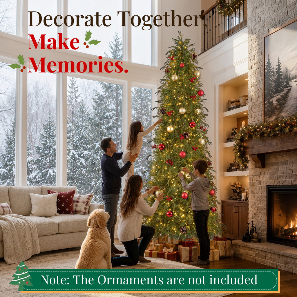 Goosiay 7 ft Pre-Lit Norfolk Pine Christmas Tree, PE Slim Artificial Tree with 300 Warm White & Multicolor 10-Function Lights, 6718 Branch Tips,Green