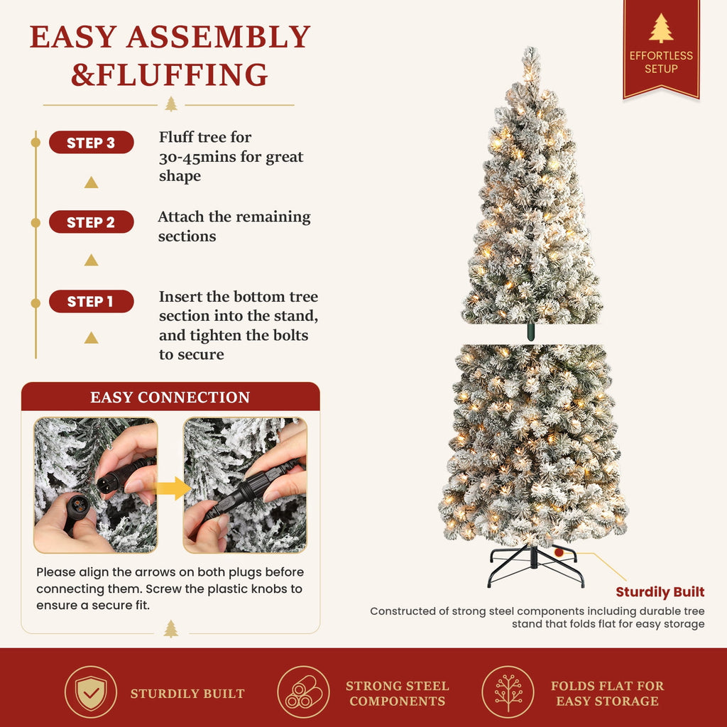 Lolsea 7ft Prelit Snow Flocked Artificial Pencil Christmas Tree with Warm White Lights, Full Branch Tips, Perfect Choice Decoration for Xmas Holiday