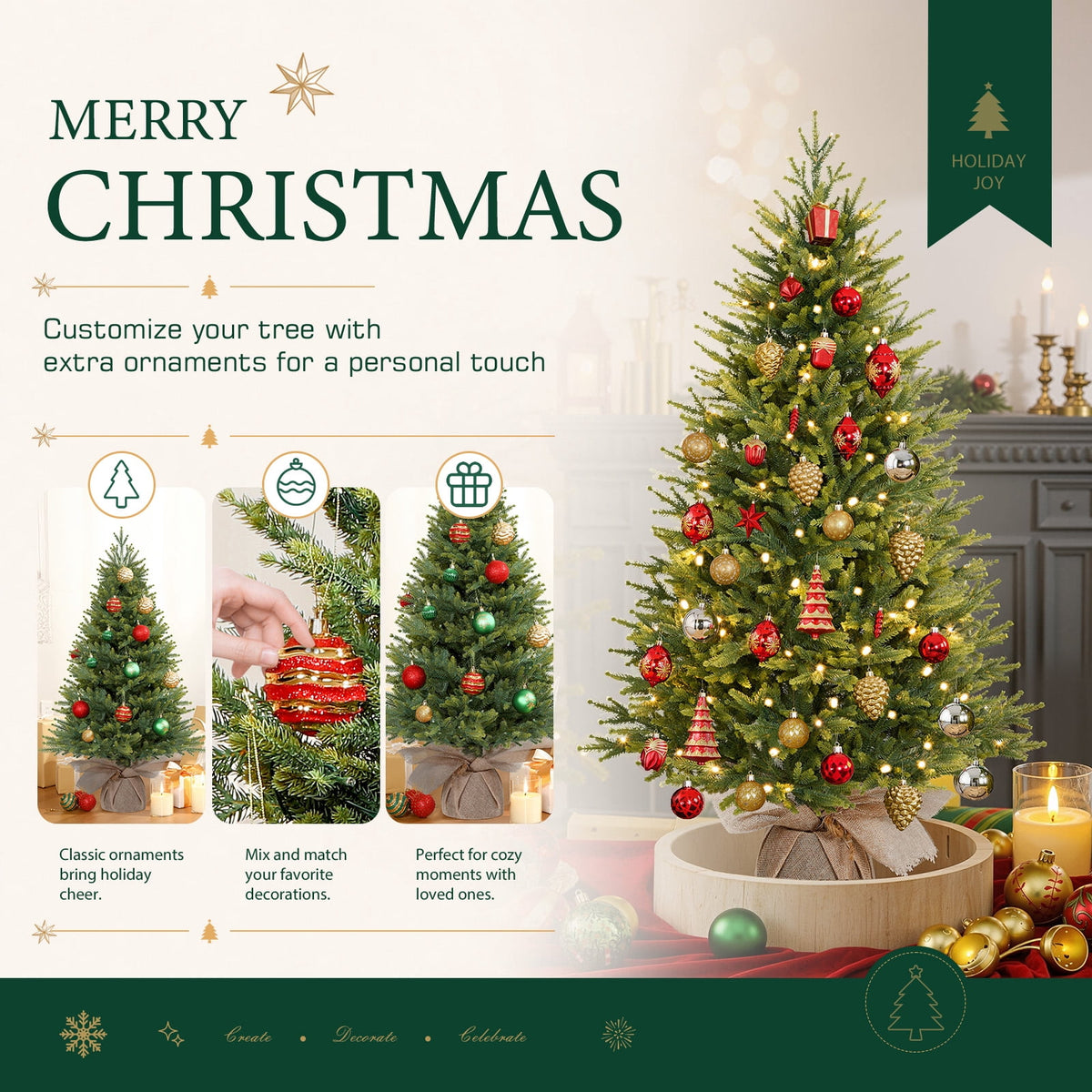 Lolsea 4ft Prelit Artificial Small Mini Christmas Tree with Color LED Lights, Remote Control and Timer, Perfect for Xmas Tabletop Decorations