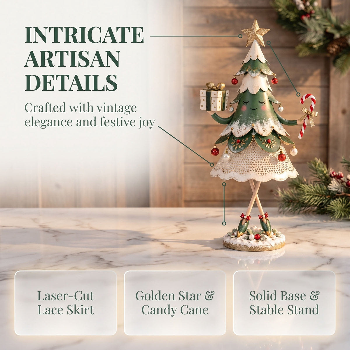 Lighted Mini Iron Art Christmas Tree 2PCS,Tabletop LED Dancing Tree Girl Statue With Star Top Tabletop Ornament For Mantel Shelf