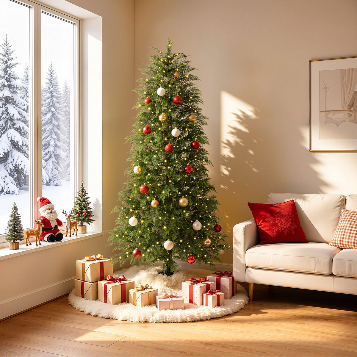 DR.Planzen 6' Pre-Lit Green Cypress Artificial Christmas Tree with 350 Warm White Twinkle LED Lights, Full-Bodied Xmas Tree with Metal Stand, Indoor Holiday Decoration