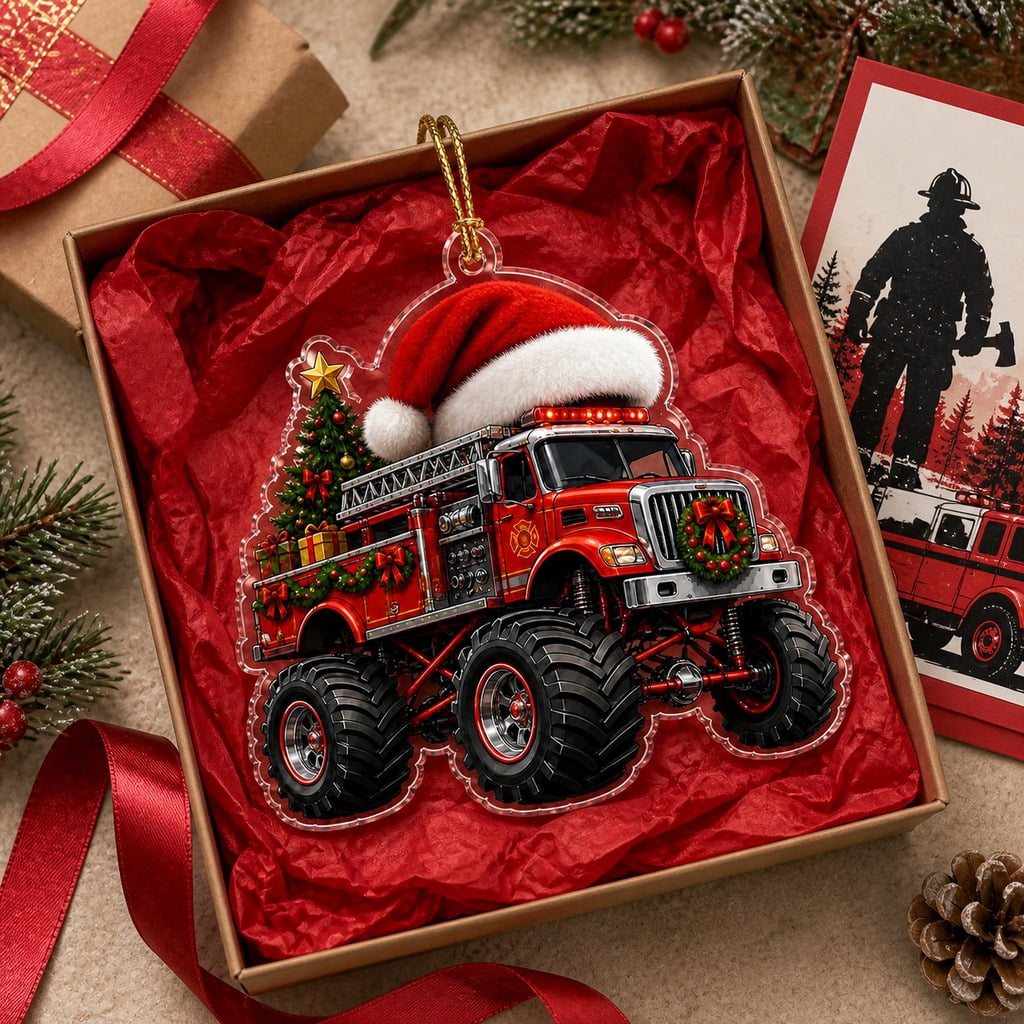 Christmas Ornament Fire Truck Holiday Acrylic Tree Hanging for Firefighters