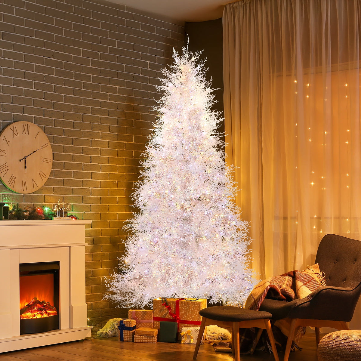 7FT White Christmas Tree, 400 LED Lights with 3 Modes Warm White Multi-color Macaroon, 1218 PE Branch Tips, Flame-Retardant, Reinforced Metal Stand, Indoor Living Room Entryway Office Holiday Decor