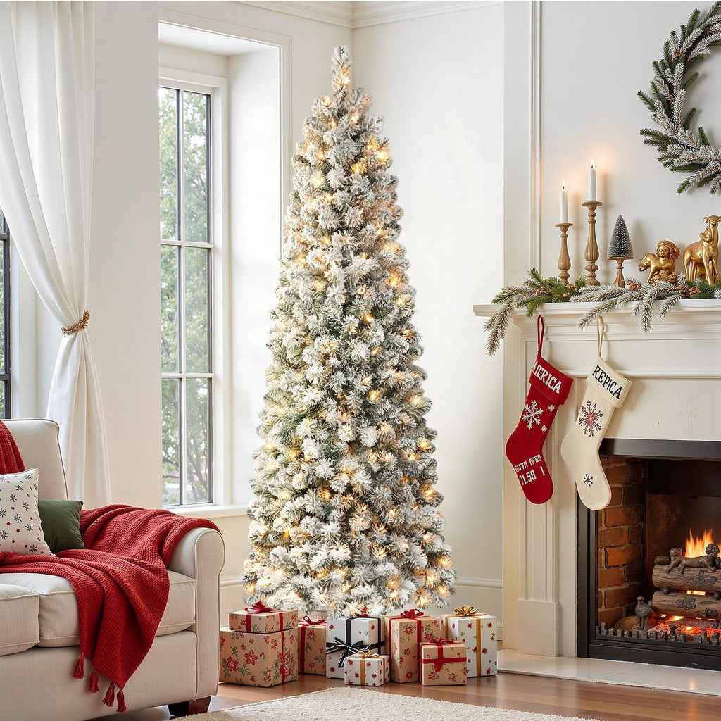 Lolsea 7ft Prelit Snow Flocked Artificial Pencil Christmas Tree with Warm White Lights, Full Branch Tips, Perfect Choice Decoration for Xmas Holiday