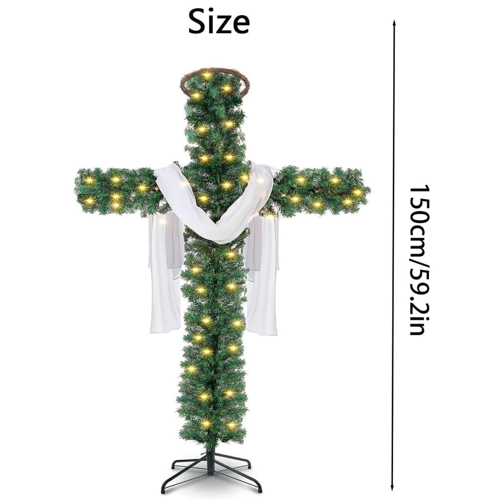 Christmas Tree Shaped Like a Cross, Foldable Cross Christmas Tree, Pre-Lit Artificial Pine Christmas Cross, White Scarves and Wooden Rattan Ring, Large Christmas Decorations (S)