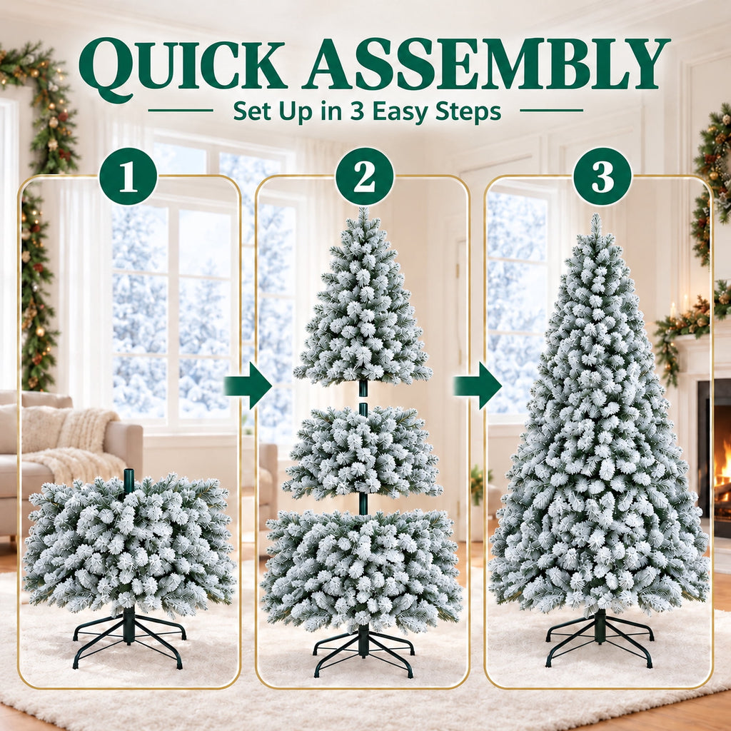 SUGIFT 7.5ft Artificial Snow Flocked Christmas Tree, 1450 Branch Tips, Unlit Holiday Decor with Metal Stand