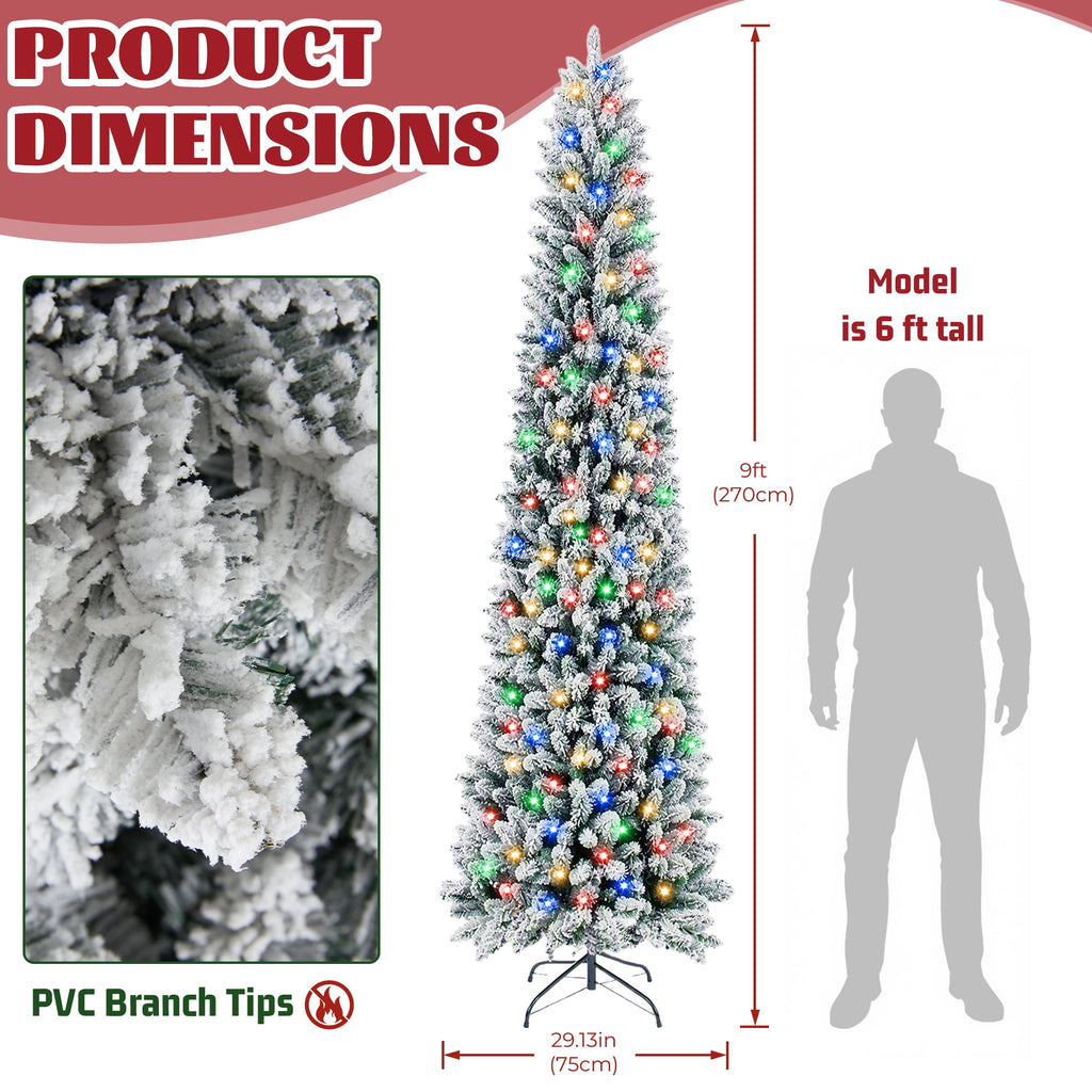 edx 9ft Pre-lit Pencil Christmas Tree, Green Artificial Spruce Slim Christmas Trees, With 500 LED Lights, 1100 Branch Tips & Foldable Base, For Home, Office, Party Decoration