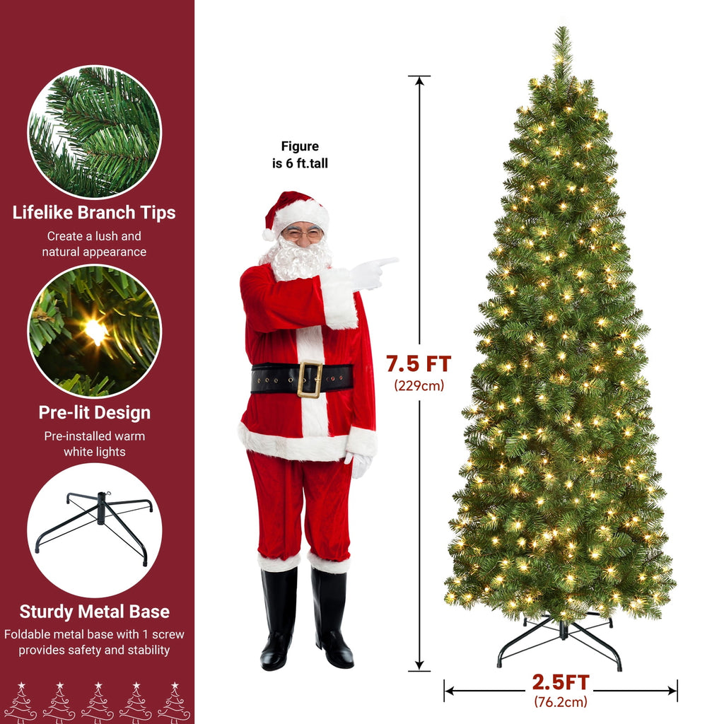 Lolsea 6.5ft Prelit Artificial Slim Pencil Christmas Tree w/ Warm White Lights, Full Branch Tips, Perfect Choice Decoration for Xmas Holiday