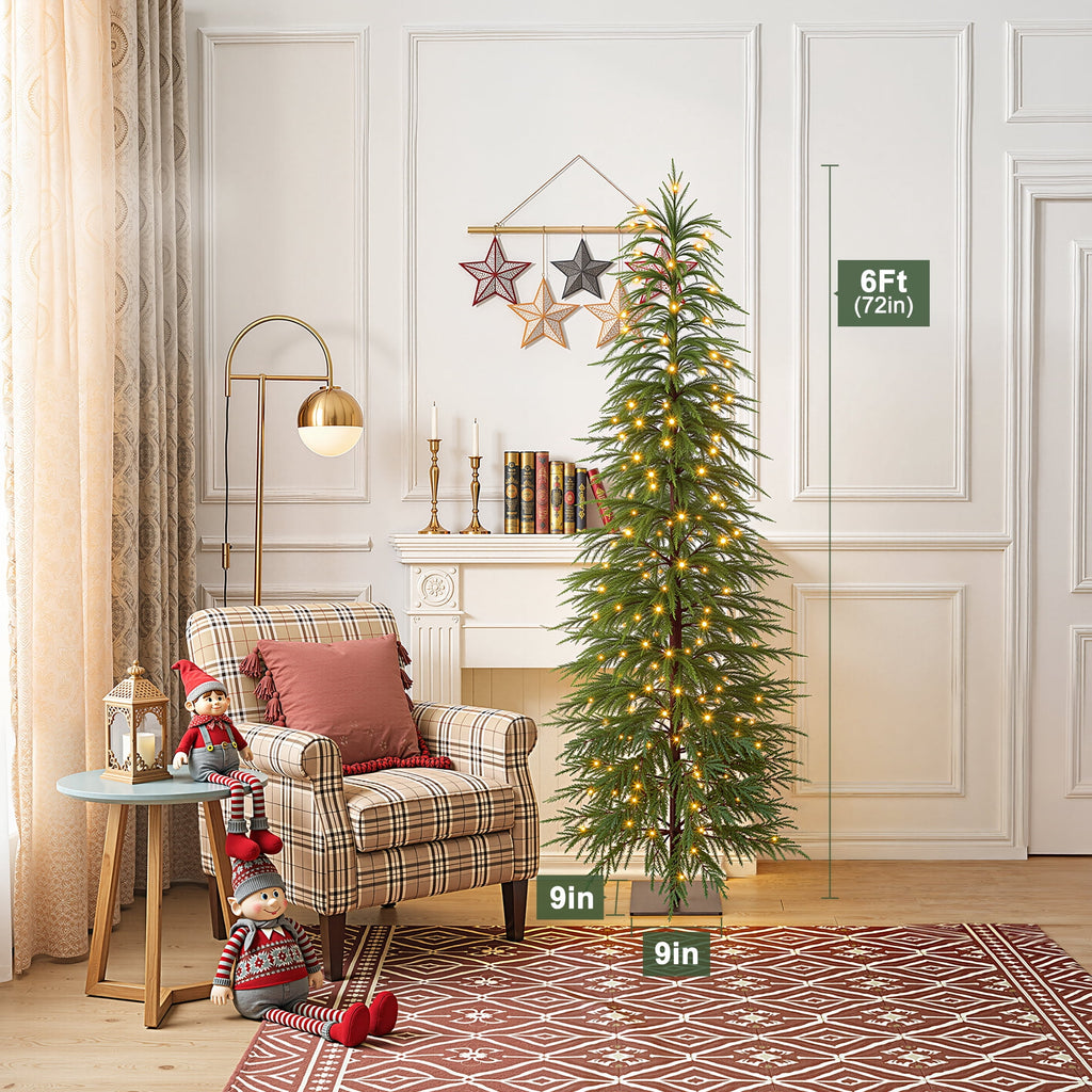 DR.Planzen 6' Pre-Lit Green Cypress Artificial Christmas Tree with 220 Warm White LED Lights, Pencil Xmas Tree with Metal Stand, Indoor Holiday Centerpiece