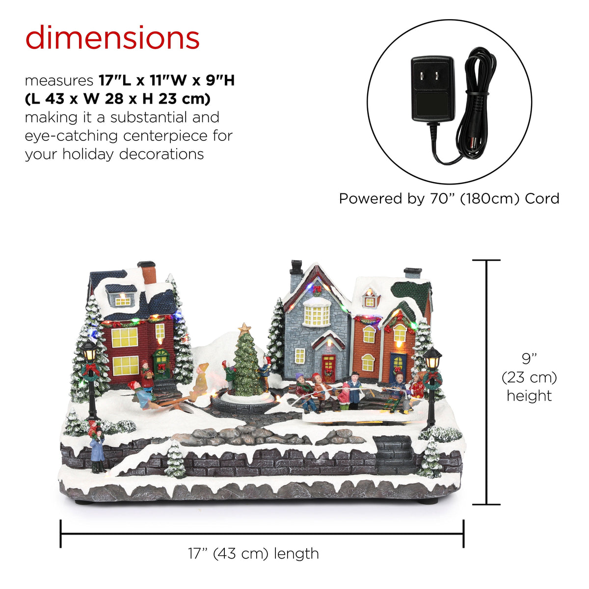 Alpine Corporation Animated Children Playing in Christmas Village Holiday Tabletop Decor with 26 Multicolor LED Lights and 5.9' Cord, 17" L x 11" W x 9" H