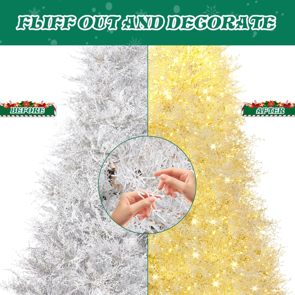 7FT White Christmas Tree, 400 LED Lights with 3 Modes Warm White Multi-color Macaroon, 1218 PE Branch Tips, Flame-Retardant, Reinforced Metal Stand, Indoor Living Room Entryway Office Holiday Decor