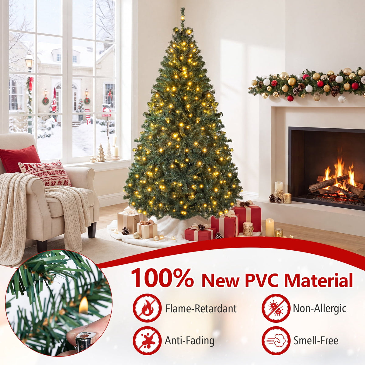 Costway 6Ft Pre-Lit Artificial Christmas Tree Hinged 350 LED Lights