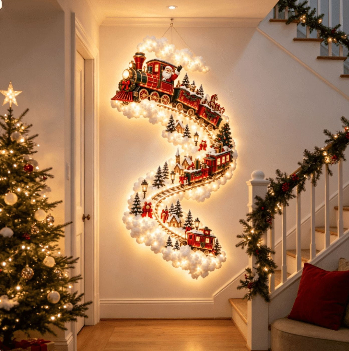 Lighted Christmas Stair Railing Garland Pack of 5 Santa Figures Snow Scene Ornament for Staircase Banister Indoor Display