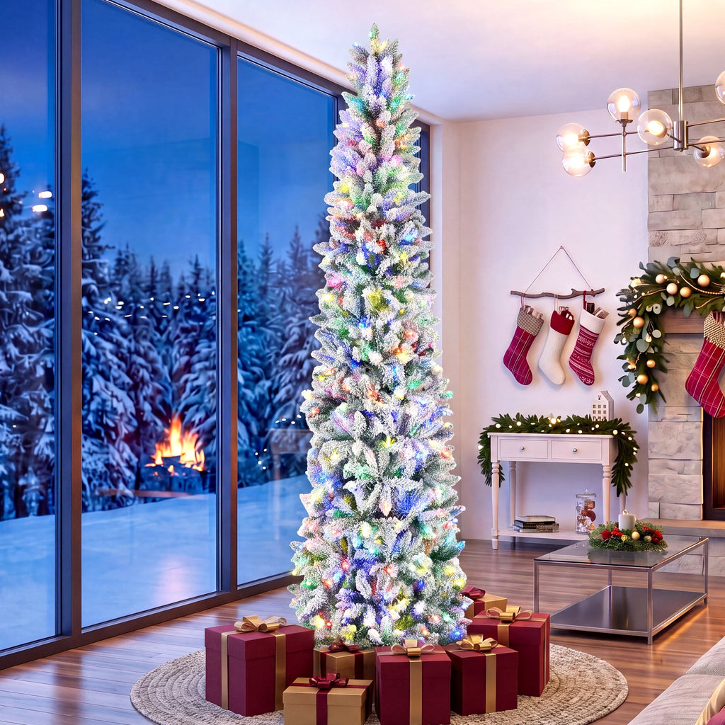 edx 9ft Pre-lit Pencil Christmas Tree, Green Artificial Spruce Slim Christmas Trees, With 500 LED Lights, 1100 Branch Tips & Foldable Base, For Home, Office, Party Decoration