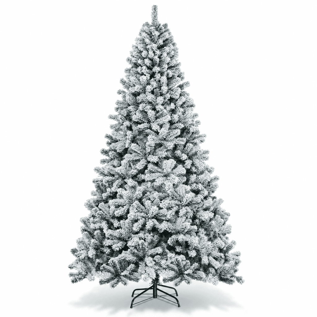SUGIFT 7.5ft Artificial Snow Flocked Christmas Tree, 1450 Branch Tips, Unlit Holiday Decor with Metal Stand
