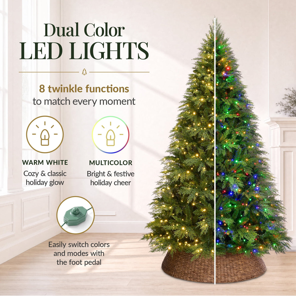Best Choice Products Pre-Lit Cedar Cypress Christmas Tree w/Twinkling Lights, 6ft Holiday Decor, White & Multicolor LEDs