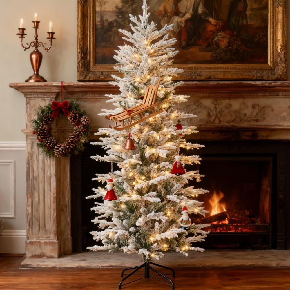 Snow Branches with Christmas Trees, Artificial Flocked Christmas Trees with Warm Yellow Clear Lights, Auto Open