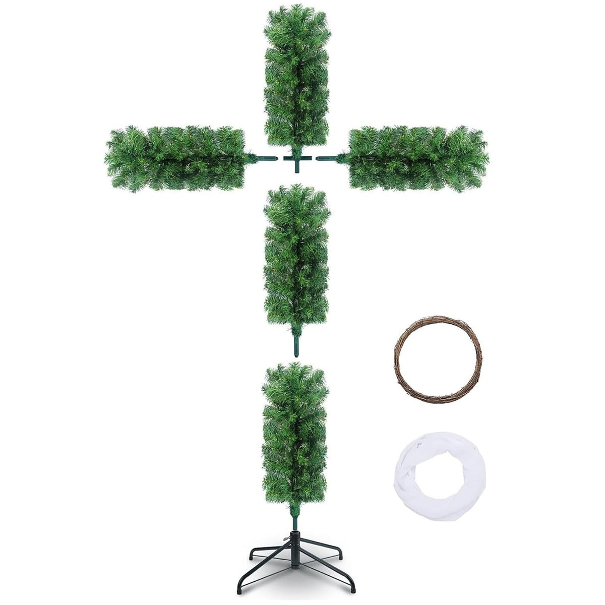 Loyerfyivos 6Ft Pre-Lit Christmas Crosses Tree Artificial Christmas Cross Tree Artificial Xmas Tree with LED Light and Christ Crown Silk Scarf Wood Rattan Ring for Home Decor Celebrate Lord Savio