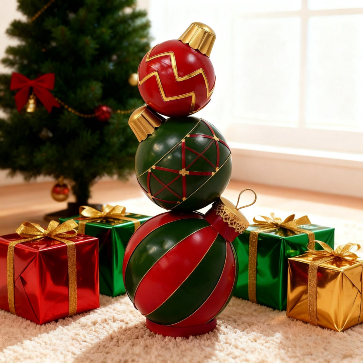 Jivora 12" Stacked Christmas Balls Decoration, Red Green Holiday Tabletop Ornament for Home