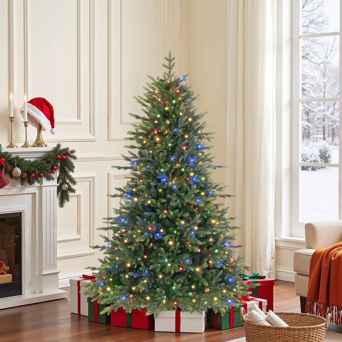 Lolsea 7ft Prelit Noble Fir Artificial Christmas Tree with Remote Control, Timer and Warm White & Multi-Color Lights