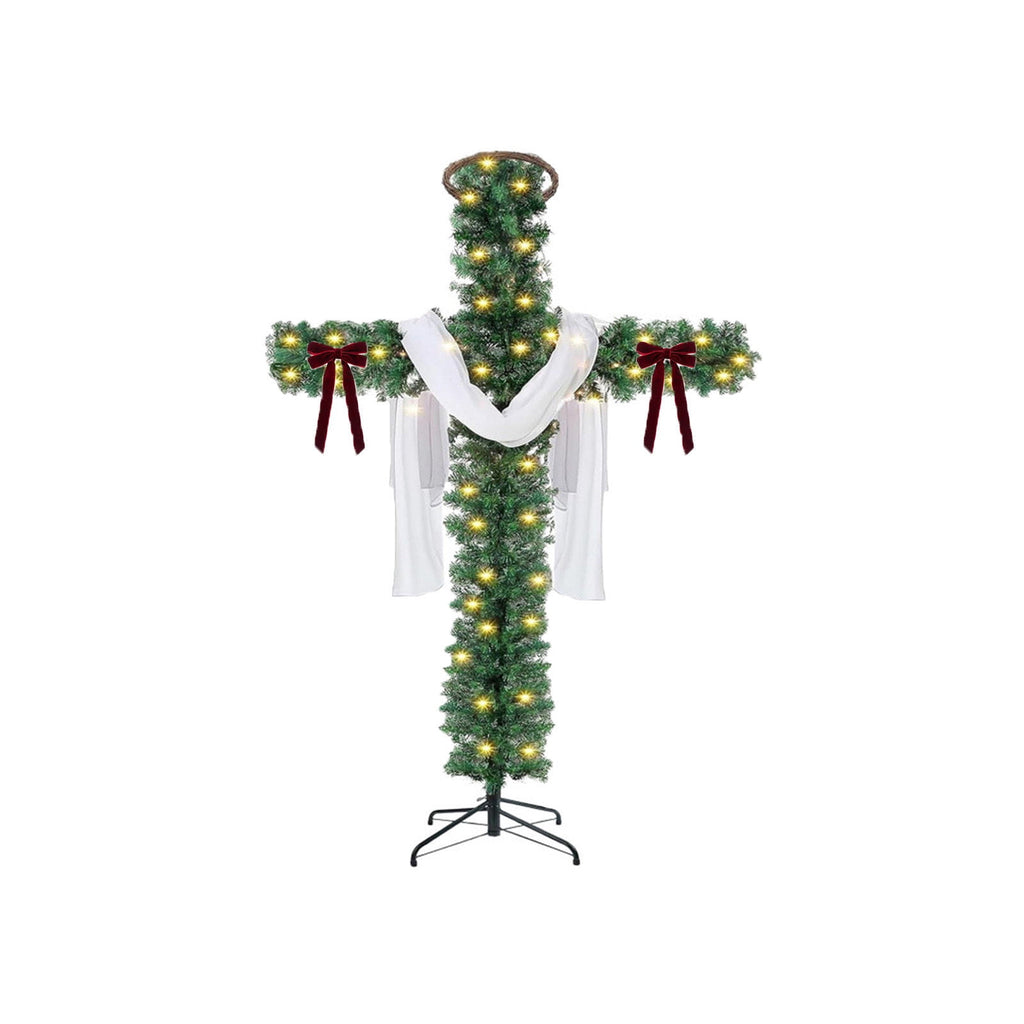 YAMB Pre-Lit Cross Shaped Christmas Tree, Artificial Pine Cross Tree with Warm Light Strings, Scarf, Bows & Rattan Ring, Foldable LED Lighted Holiday Decor with Metal Stand for Indoor Home Decor