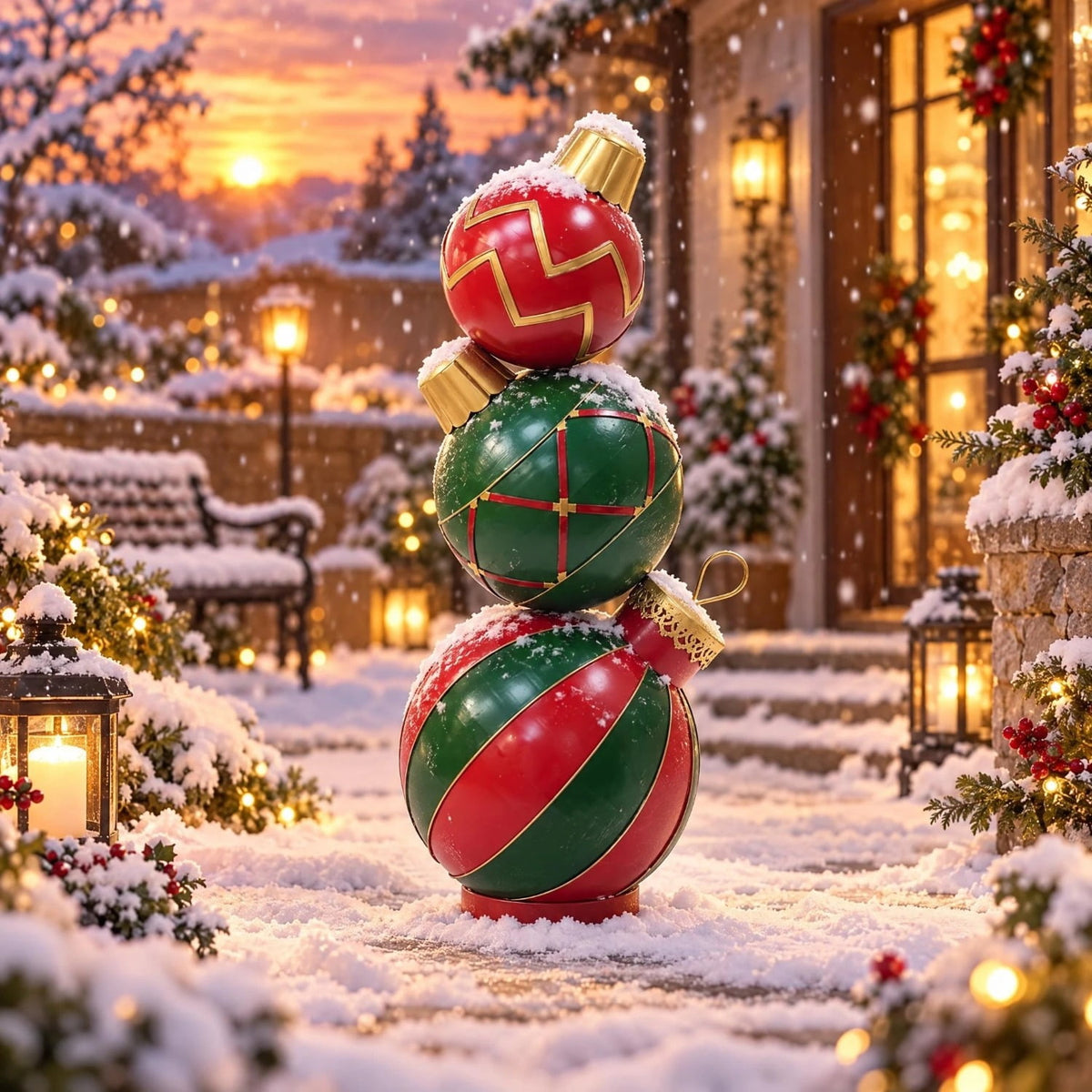 Jivora 12" Stacked Christmas Balls Decoration, Red Green Holiday Tabletop Ornament for Home