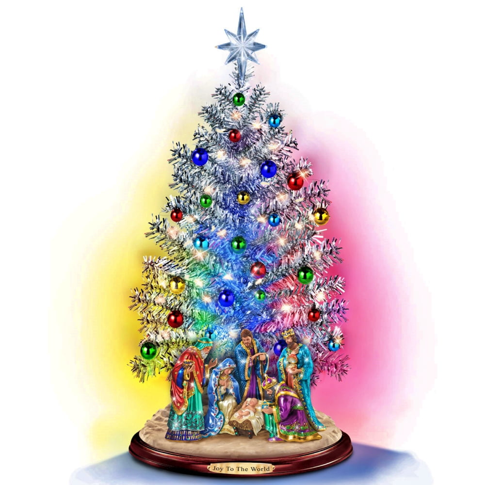 The Bradford Exchange Joy to the World Nativity Tabletop Christmas Tree with Lights & Music Pre-Lit Holiday Tree with Sculpted Nativity Scene Color-Changing Base USB Powered Christmas Decor 16-inches