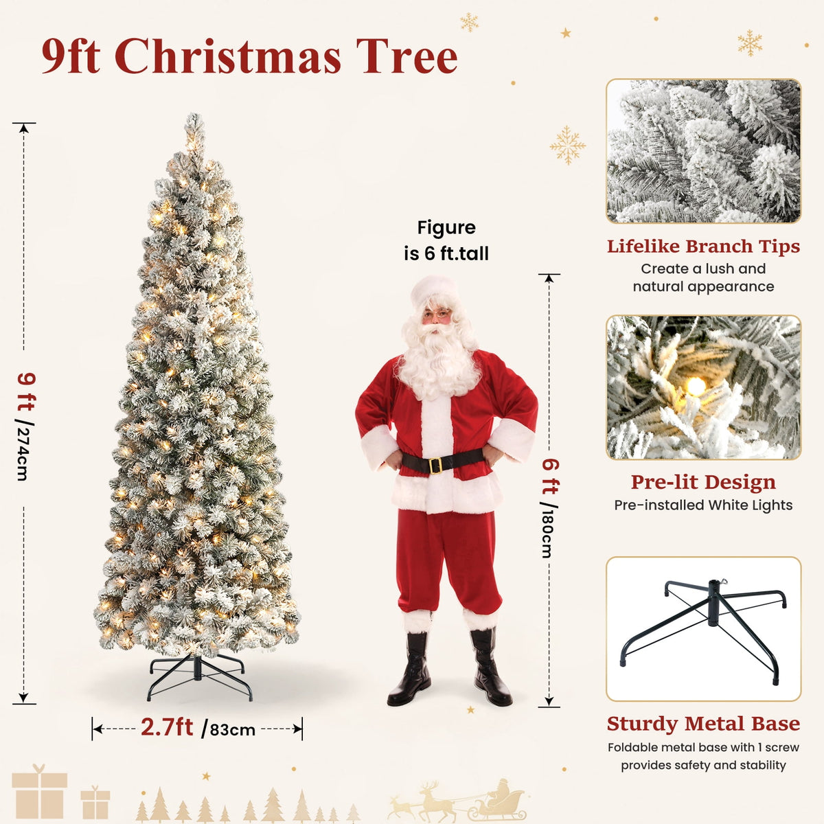 Lolsea 7ft Prelit Snow Flocked Artificial Pencil Christmas Tree with Warm White Lights, Full Branch Tips, Perfect Choice Decoration for Xmas Holiday