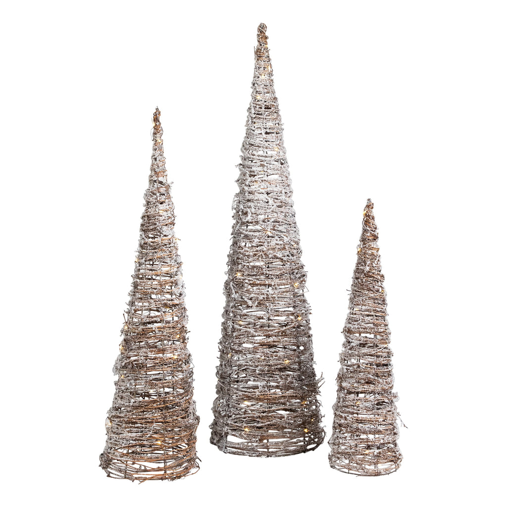 Northlight LED Lighted Snowy Rattan Christmas Cone Tree Decorations - 39.5" - Set of 3
