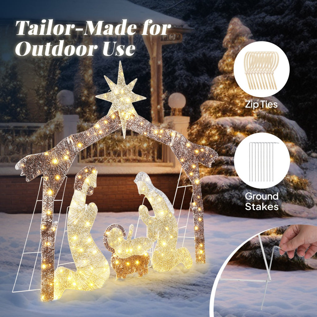 6ft Lighted Nativity Scene with 190 LED Warm White Lights – Silver Roof Garden Jesus Decoration, for Outdoor Christmas Decor