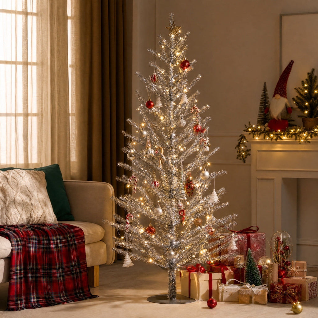 Christmas Decorations Tree, Pre-Lit Green Cypress Artificial Christmas Tree with 100 Warm White LED Lights, Fire Retardant, Easy Setup with Metal Stand, Ideal for Home, Office or Party Decor, 4FT