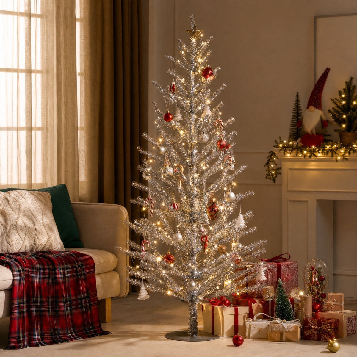 Christmas Decorations Tree, Pre-Lit Green Cypress Artificial Christmas Tree with 100 Warm White LED Lights, Fire Retardant, Easy Setup with Metal Stand, Ideal for Home, Office or Party Decor, 4FT