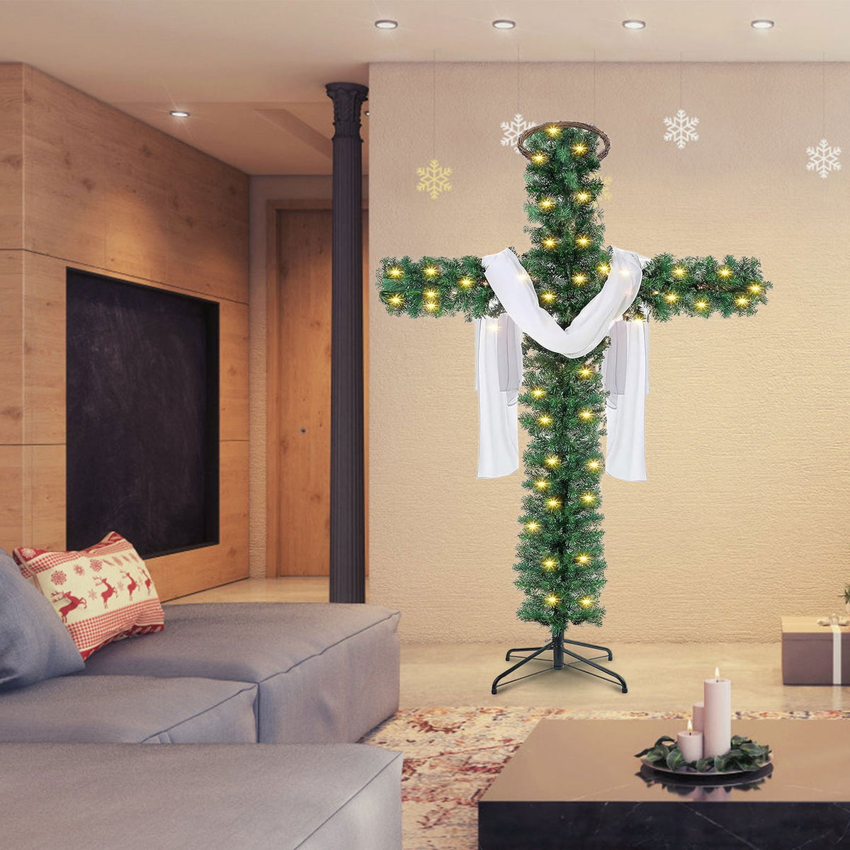 XEOVHV 6Ft Cross Christmas Tree,Foldable Cross Christmas Tree,Christmas Tree Shaped Like a Cross,Pre-Lit Artificial Pine Christmas Cross,with 50 LED Light and Silk Scarf Wood Rattan Ring