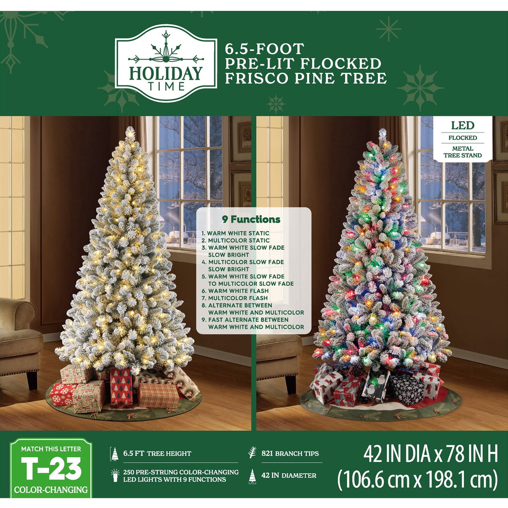 6.5' Pre-Lit Frisco Pine Snow-Flocked Green Artificial Christmas Tree with 250 Color-Changing LED Lights and Stand, by Holiday Time