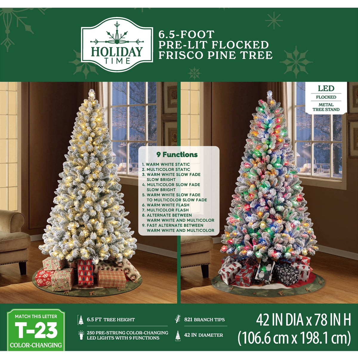 6.5' Pre-Lit Frisco Pine Snow-Flocked Green Artificial Christmas Tree with 250 Color-Changing LED Lights and Stand, by Holiday Time