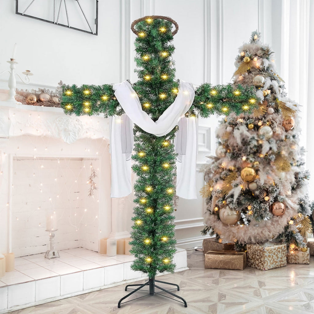 Loyerfyivos 6Ft Pre-Lit Christmas Crosses Tree Artificial Christmas Cross Tree Artificial Xmas Tree with LED Light and Christ Crown Silk Scarf Wood Rattan Ring for Home Decor Celebrate Lord Savio