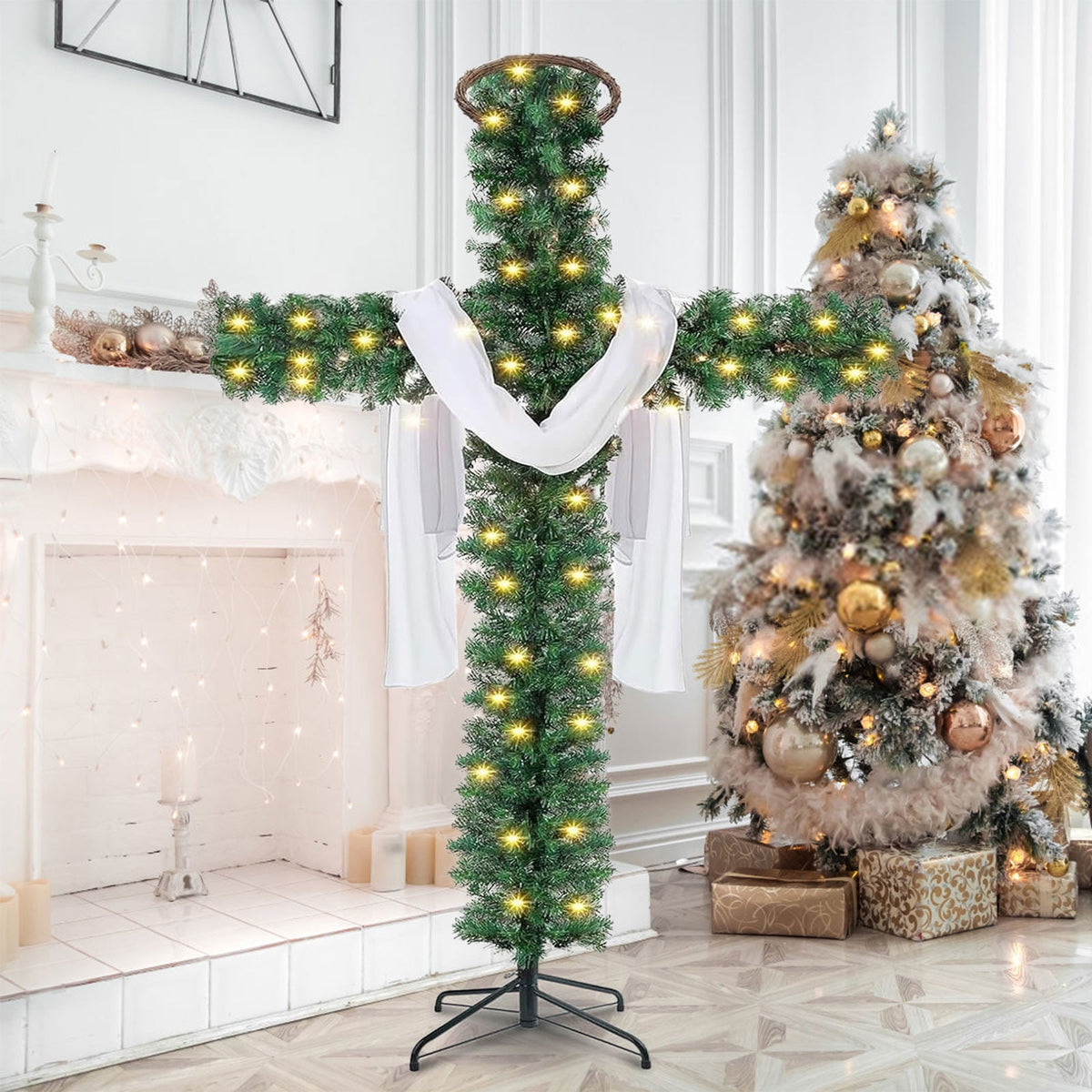 Loyerfyivos 6Ft Pre-Lit Christmas Crosses Tree Artificial Christmas Cross Tree Artificial Xmas Tree with LED Light and Christ Crown Silk Scarf Wood Rattan Ring for Home Decor Celebrate Lord Savio