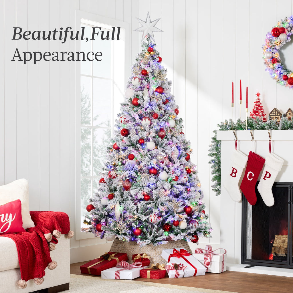 Best Choice Products 6ft Pre-Lit Christmas Pine Tree w/ Flocked Branches 250 Multicolored or Warm-White Light Modes