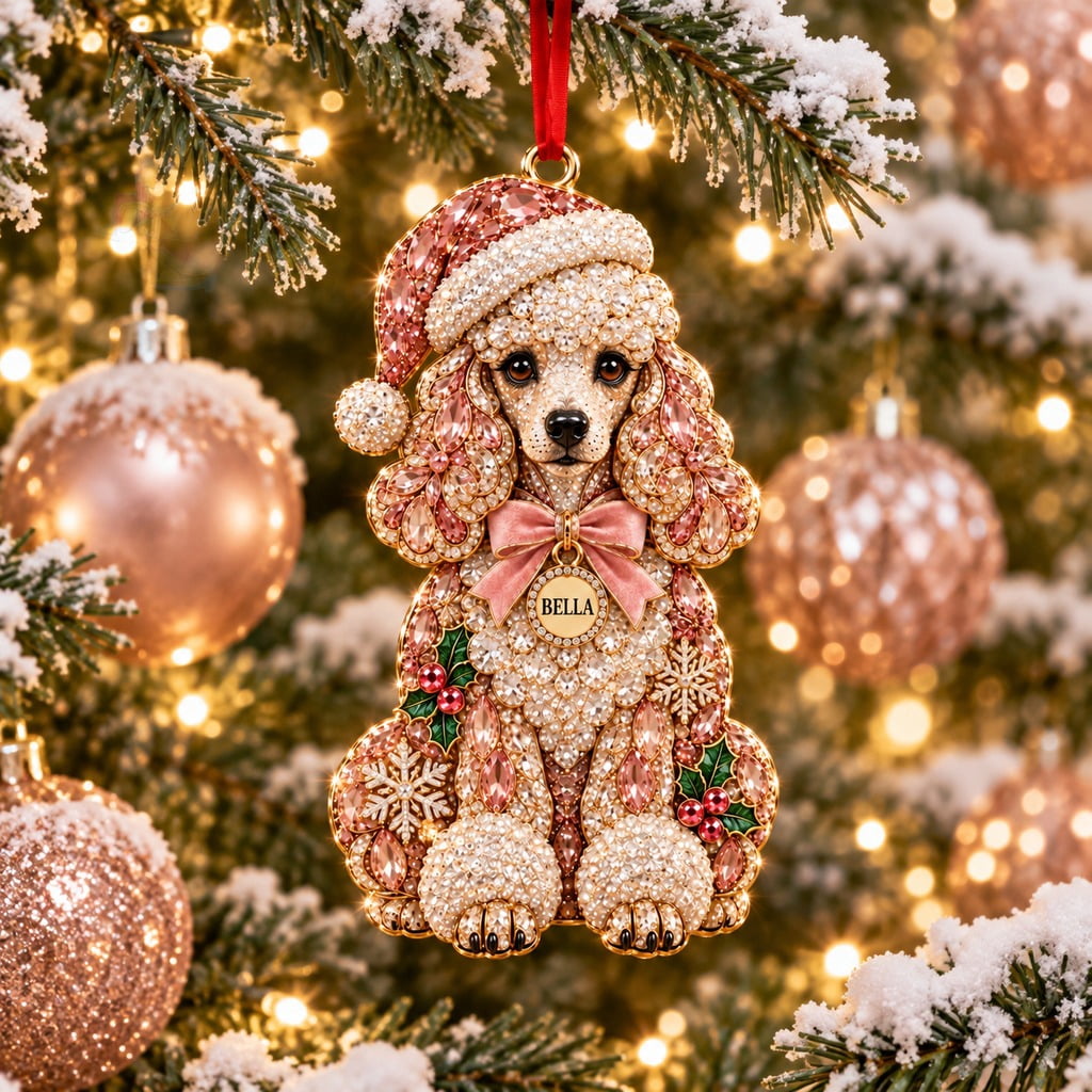 Jeweled Poodle Christmas Ornament With Pink Santa Hat