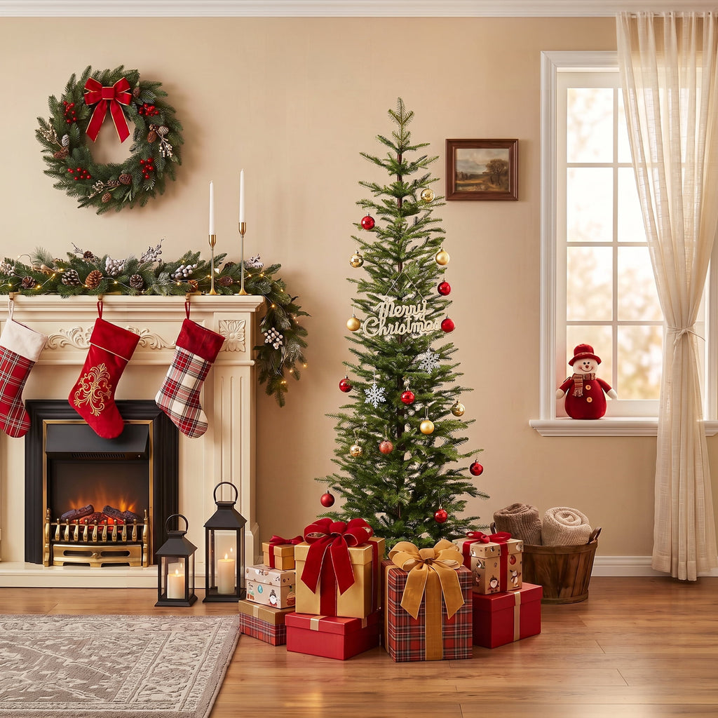 DR.Planzen 7ft Pencil Christmas Tree, 1961 Tips PE Realistic Unlit Artificial Slim Christmas Tree with Metal Stand - Holiday Indoor Decoration for Apartment Entryway Corner Office