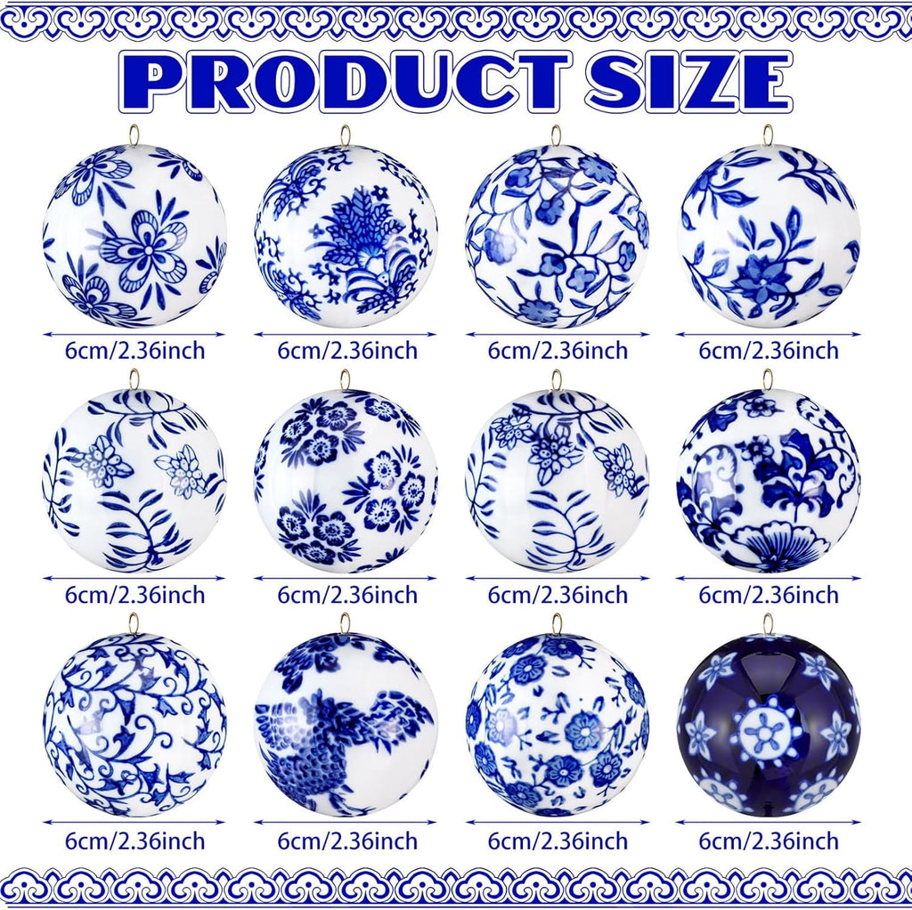 12 Pcs Chinoiserie Porcelain Ornaments for Christmas Tree White and Blue Porcelain Balls Ornaments 2.4 Inches Ceramic Hanging Balls Xmas Orbs with Ribbon for Home Decorations