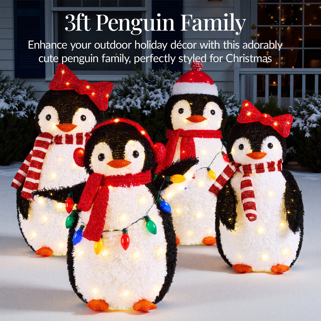 Best Choice Products 4-Piece Lighted 3ft Pop-Up Penguin Family Outdoor Christmas Decoration w/ 300 LED Lights - Red