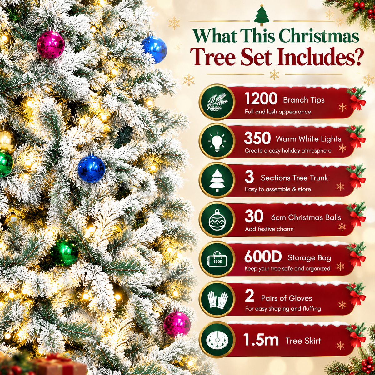 AUOSHI 7.5FT Snow Flocked Christmas Tree, Artificial White Christmas Tree with Large Storage Bag,11 Modes Warm White & Multicolor LED Lights,Indoor Holiday Home Decor