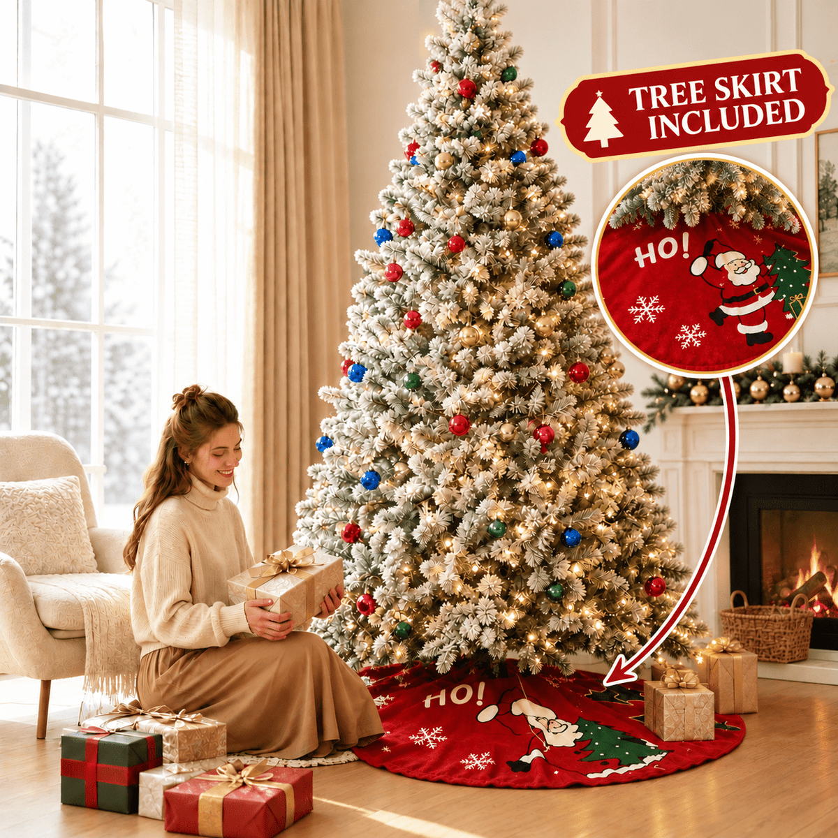 AUOSHI 7.5FT Snow Flocked Christmas Tree, Artificial White Christmas Tree with Large Storage Bag,11 Modes Warm White & Multicolor LED Lights,Indoor Holiday Home Decor